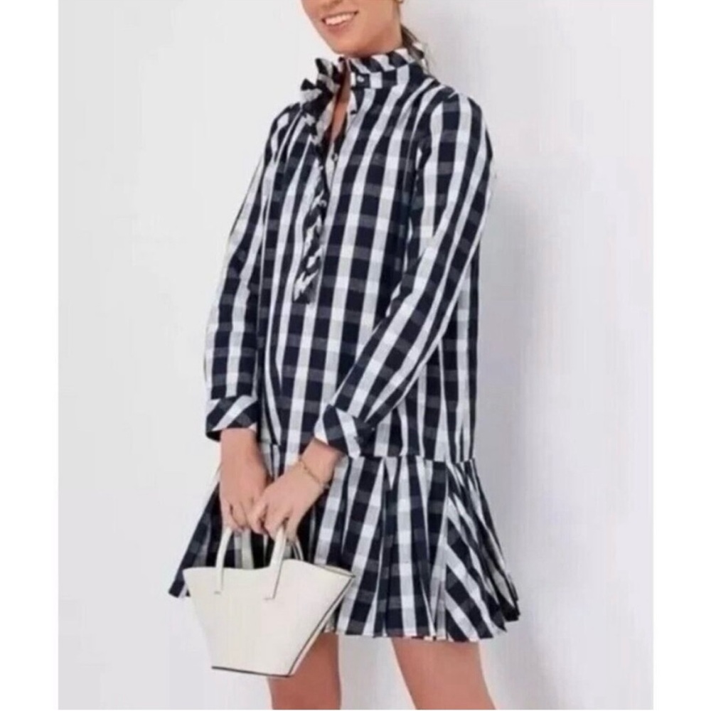 Tuckernuck Navy White Gingham Long Sleeve Linen Blend Tate Dress Womens Small